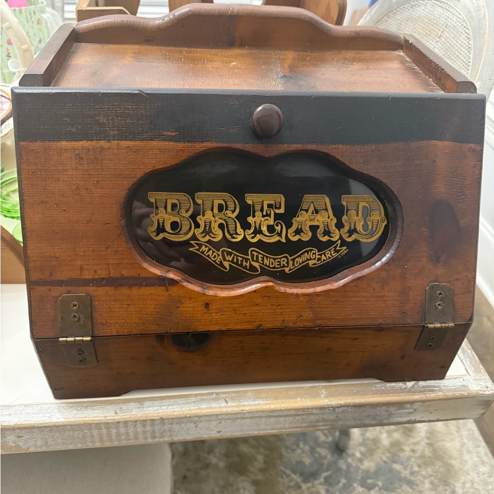 Vintage Wood Bread Box with Gold Lettering
